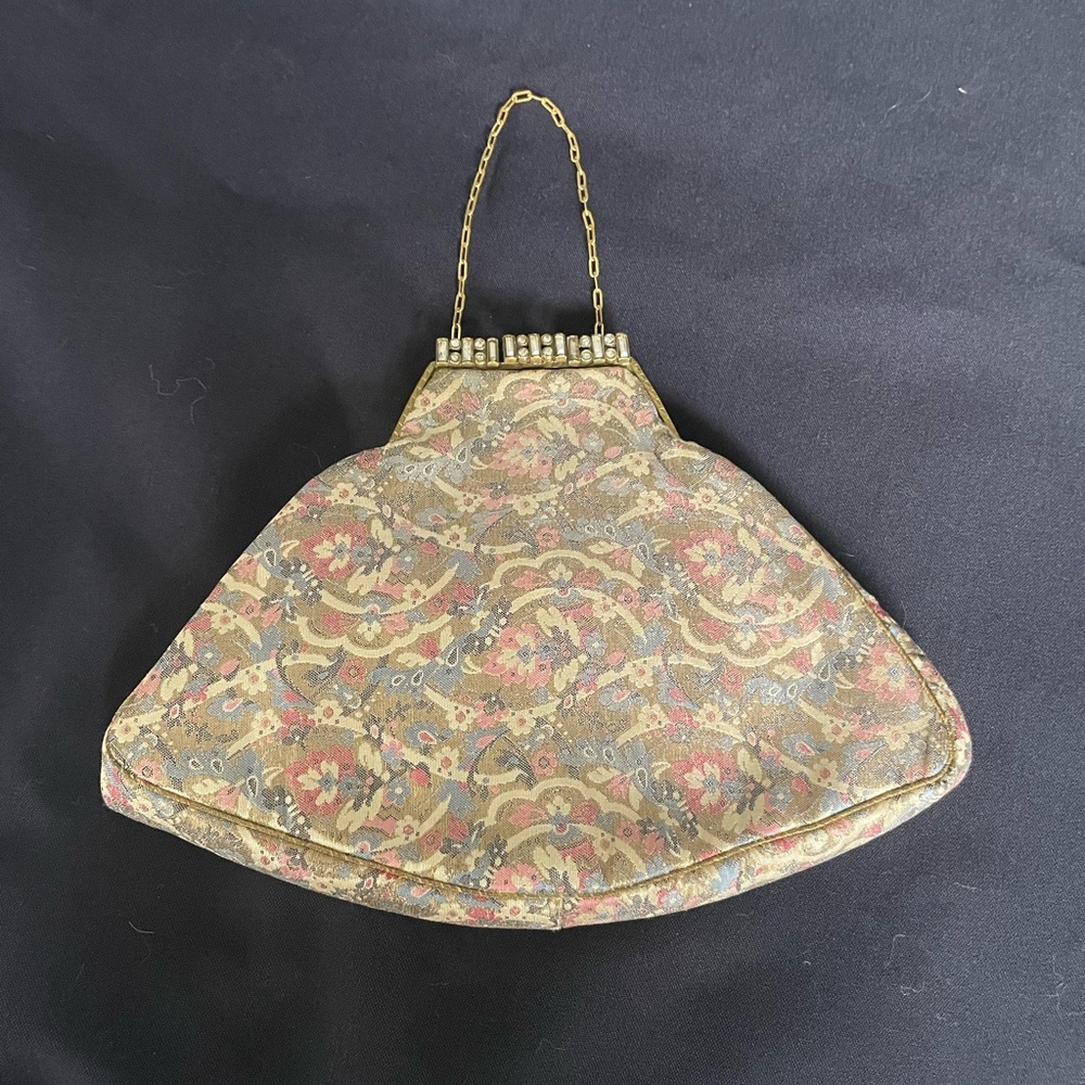 Vintage c. 1920-1930 Handbag Gold, Coral, Blue, Cream Brocade with Silk Lining